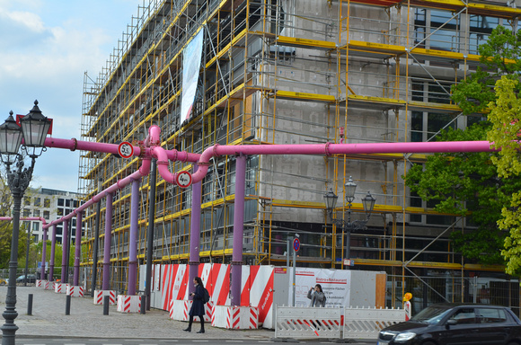 Pink Water pipes everywhere to pump water to canals due to Berlin's low water table